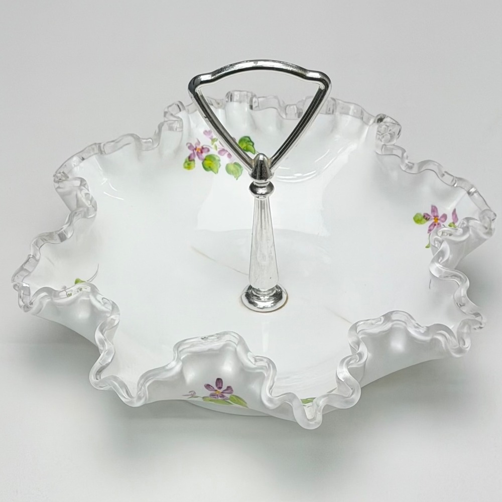 Vintage Fenton Silver Crest Violets in Snow Candy Dish Signed Michael Dickinson